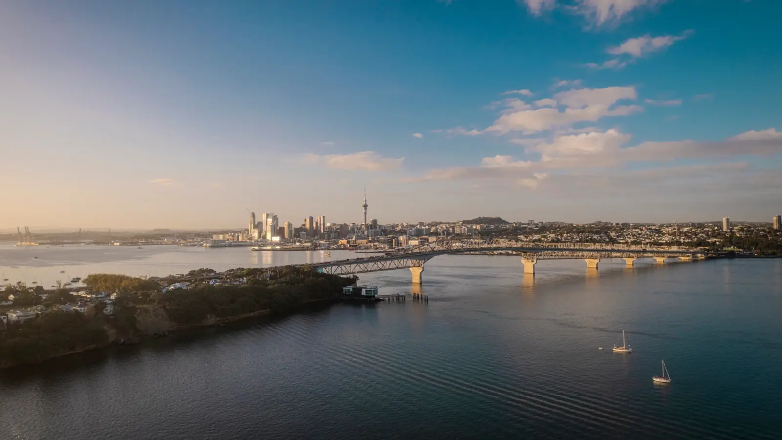 Aerial view of Auckland Harbour Bridge and the city skyline