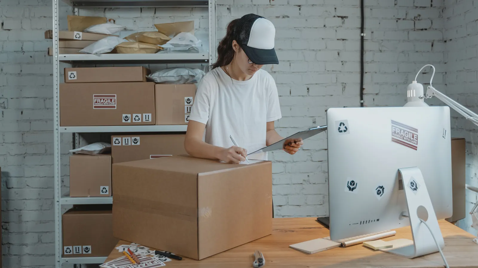 A warehouse worker checking a clipboard against a cardboard carton