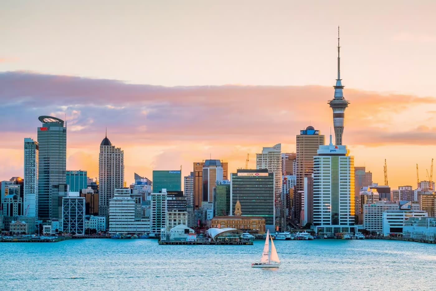 Auckland city skyline and waterfront at dusk