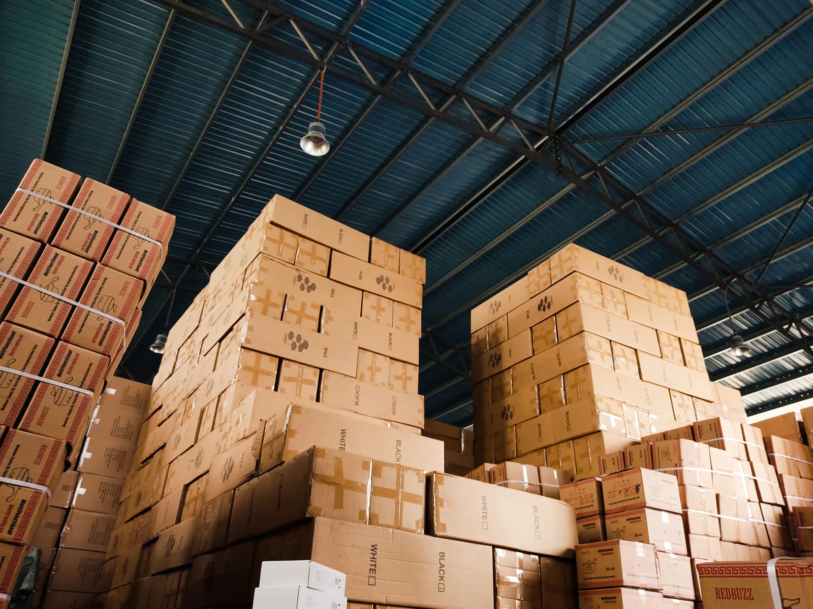 Stacks of wholesale inventory in a warehouse